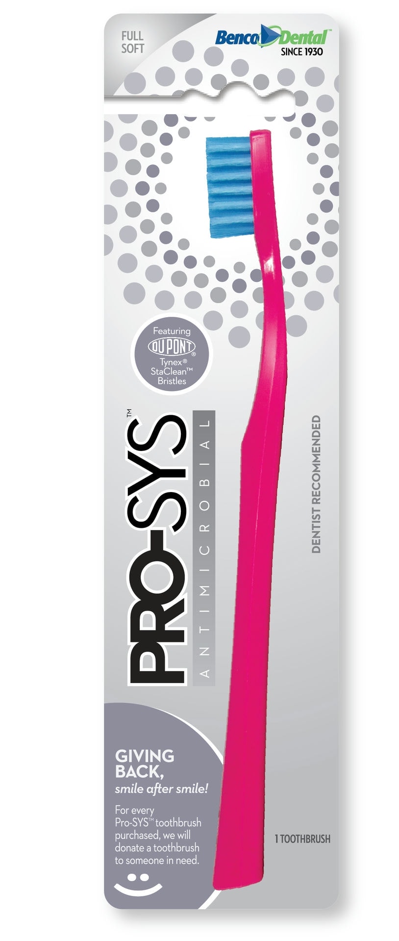PRO-SYS adult antimicrobial toothbrush, coming soon, features bristles of DuPont™ Tynex® StaClean™ which contain silver and zinc antimicrobial additives designed to inhibit the growth of micro-organisms (bacteria, fungi and yeast).
