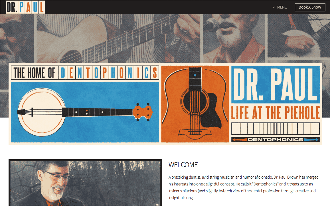 Dr. Paul's website, prominently featuring an image of a banjo.