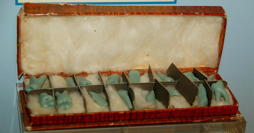 This set of blue wax teeth, created by students as part of their graduation requirements, can be found at the Historical Dental Museum at the Temple University School of Dentistry in Philadelphia. 