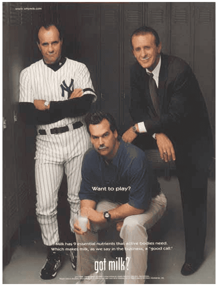 America's Dairy Farmers and Milk Processors ran this paper advertisement that came from a 2000 magazine and features Major League Baseball's New York Yankee's Joe Torre, Jeff Fisher, and Pat Riley endorsing milk.