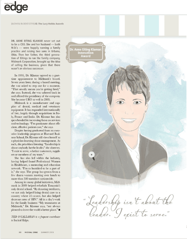 Dr. Anne Eiting Klamar received the Lucy Hobbs Project Innovation Award in 2013 as presented by Incisal Edge dental lifestyle magazine. 