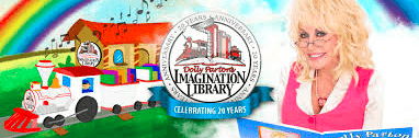 On the left is a colorful image of a cartoon train. On the right is a photograph of smiling Dolly Parton holding an open book. In the middle is the logo for Dolly Parton's Imagination Library.