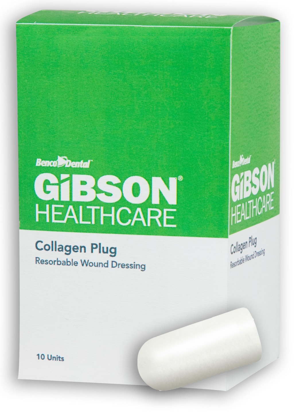 Product image of the green and white box of Collagen Plugs from Gibson Healthcare.