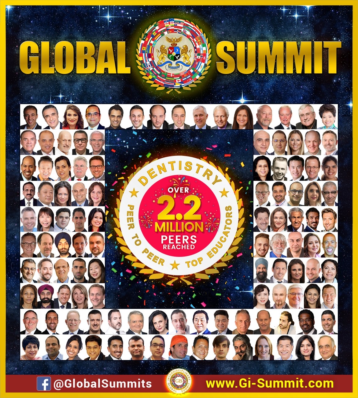 Logo for the global summit featuring small headshot images of dozens of dentists.