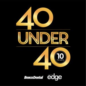 A black and gold 40 Under 40: 10 Year Anniversary logo.