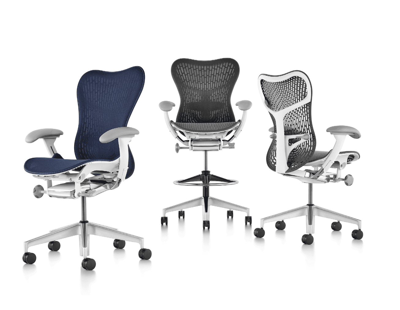 Three Mirra2 chairs: one blue and two dark gray.