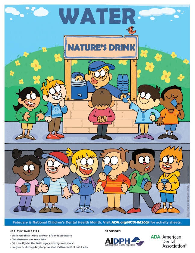 Children's Dental Health Month poster about Water