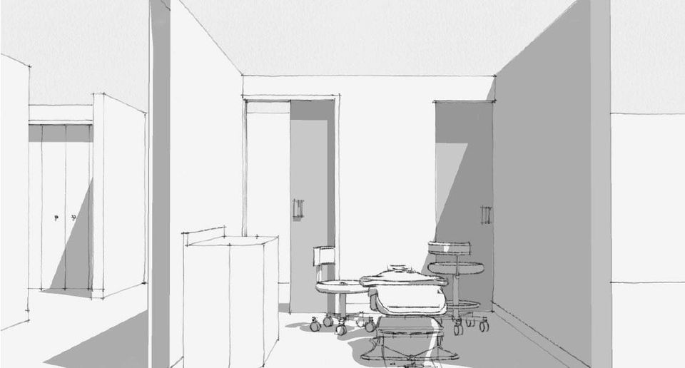 A 3D blueprint sketch of a dental office.