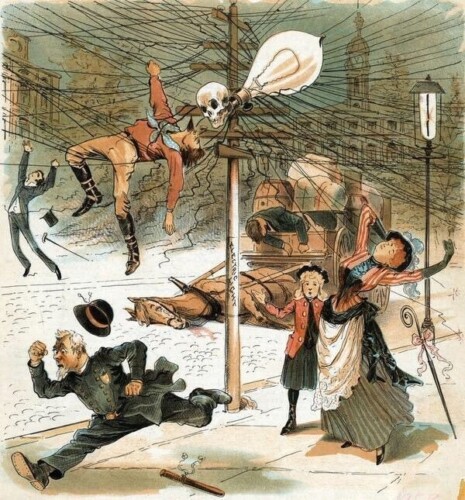 An illustration of the freak accident that occurred in New York City many years earlier. This just compounded people's fear of electricity.