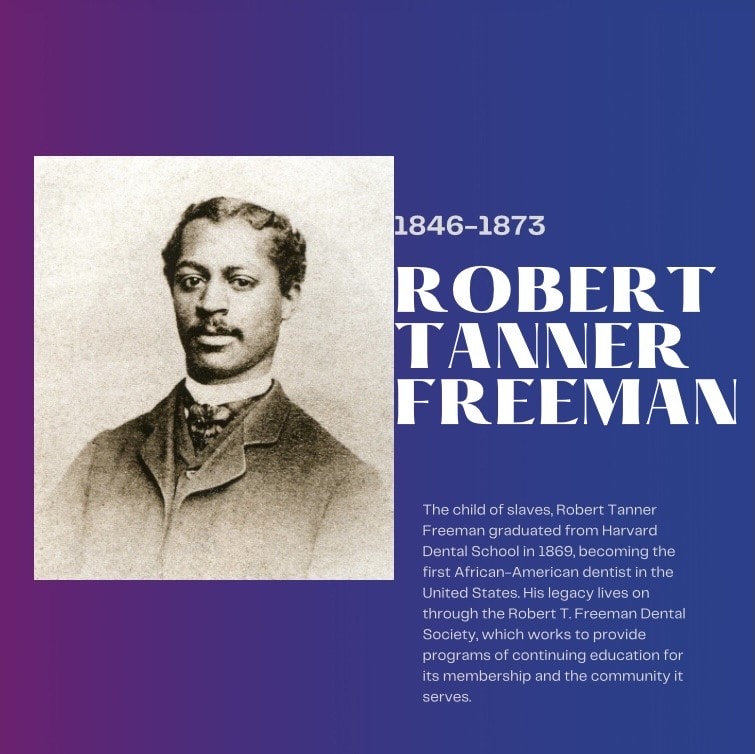 A black and white portrait of Robert Tanner Freeman on a blue background next to a block of text that identifies him as the first African American Dentist in the United States.
