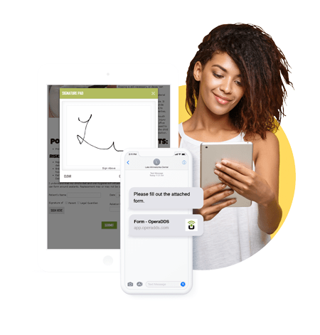 OperaDDS with Benco Dental allows a dental office to send patient intake packets and consent forms via text, email, recall, or host them on the denta practice website for patients to complete on their own device.