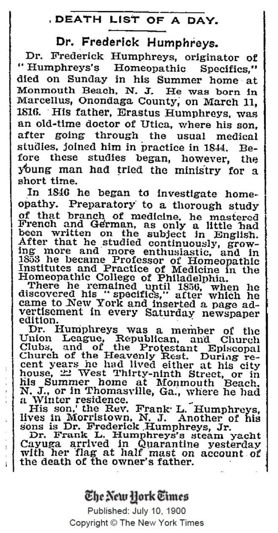 Obituary for Dr. Frederick Humphreys courtesy of The New York Times.