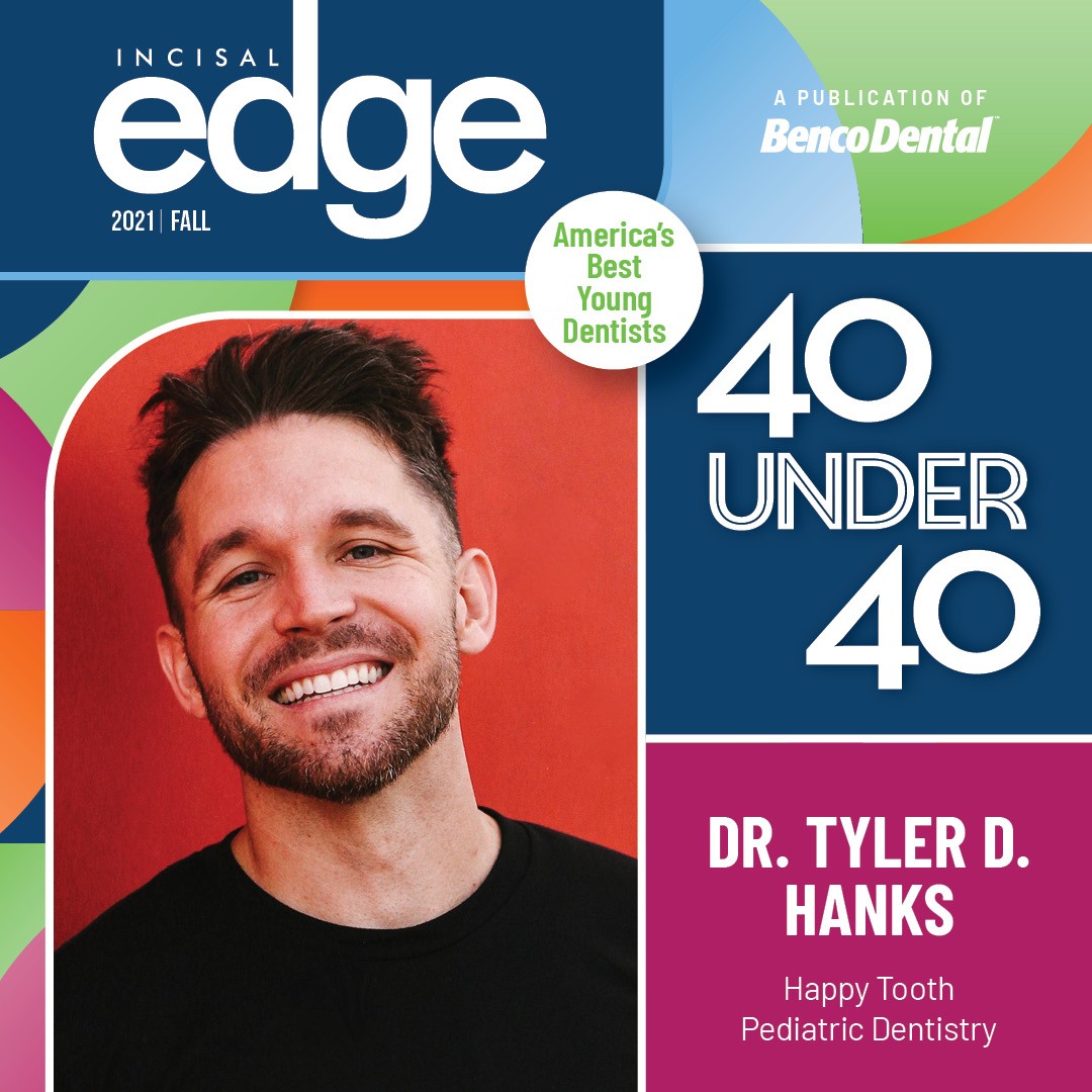 The bright, color-blocked cover of Incisal Edge that features an image of Dr. Tyler D. Hanks on the left, and on the right it says "America's Best Young Dentists" and "40 Under 40"