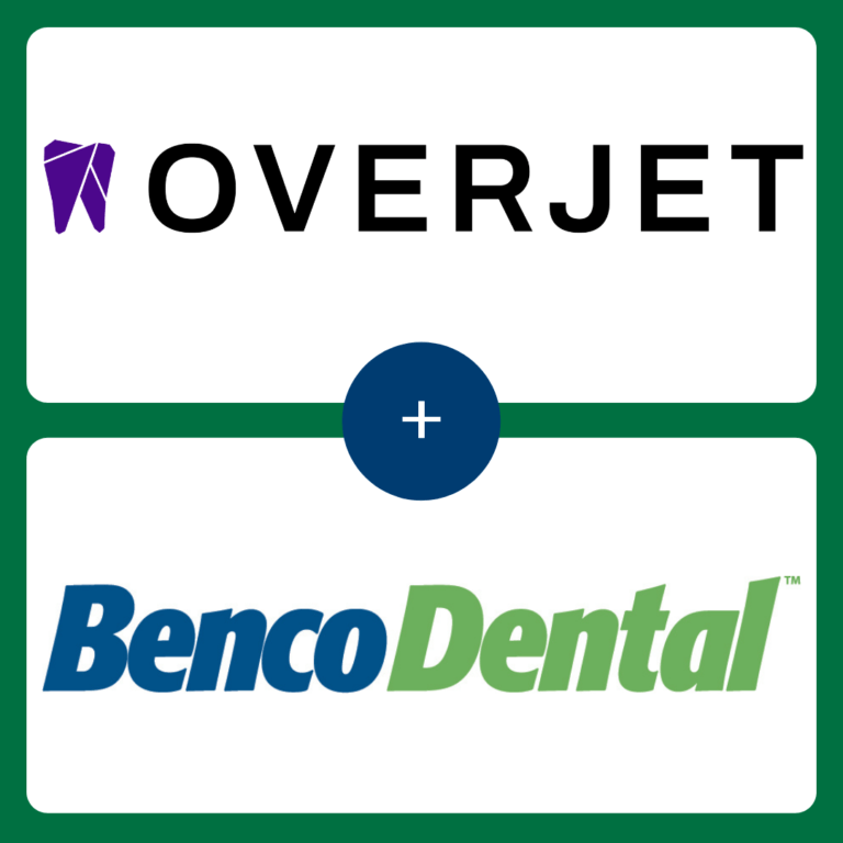 Image of plus sign connecting logos of Benco and Overjet, who partner to bring FDA-cleared dental artificial intelligence platform to dentists across the U.S.