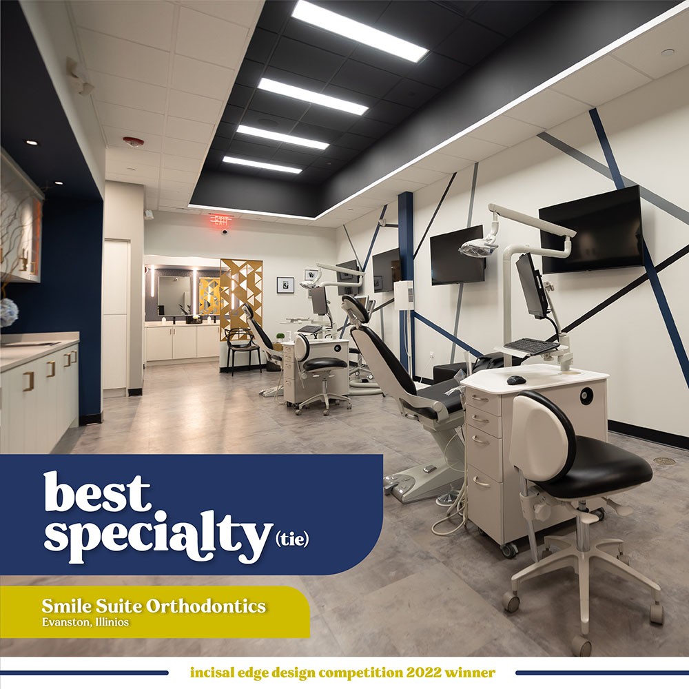 Incisal Edge Design Competition award-winning dental practices for 2022 earn national recognition and spot in magazine's spring issue. Shown: Winner in the Best Specialty category: (tie) Smile Suite Orthodontics, Evanston, Illinois, Dr. Kimberly Mays Smith