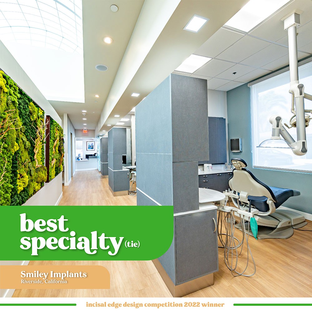 Incisal Edge Design Competition award-winning dental practices for 2022 earn national recognition and spot in magazine's spring issue. Shown: Winner in the Best Specialty category: (tie)Smiley Implants, Riverside, California, Dr. Mohamed Hassan