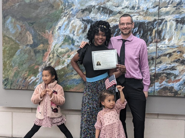 Benco Dental Dispatch Specialist with husband Jeremy Soroka and their daughters Xenia, 6 and Shushanik, 2, shown on May 6, when Achieng took her oath of U.S. citizenship.