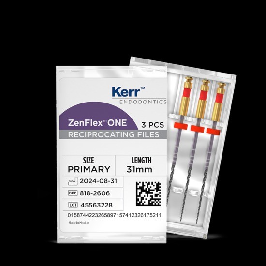A white 3 piece packet of ZenFlex ONE orthodontic reciprocating files.