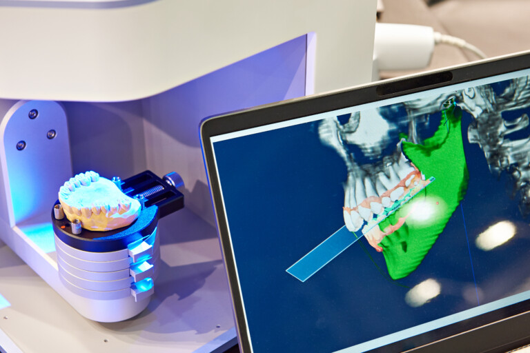 A lower dental model sits in a 3D printer (left) while a screen displays an x-ray image of a skull with the teeth highlighted (right).