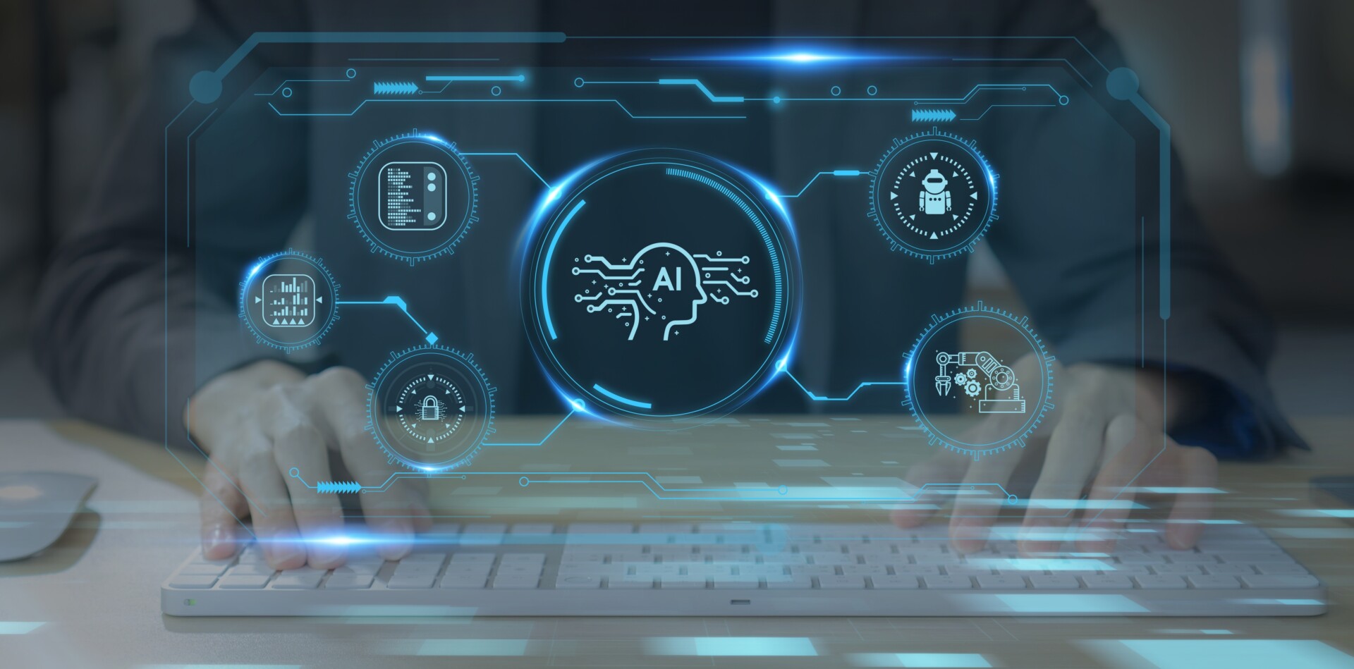 Two hands are pictured on a keyboard as floating text and images in the foreground symbolize AI-Artificial intelligence innovation, AI adoption and operational support.