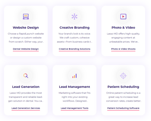 A chart of six icons describes the 6 services that Lasso MD offers: Website Design, Creative Branding, Photo & Video, Lead Generation, Lead Management, and Patient Scheduling.
