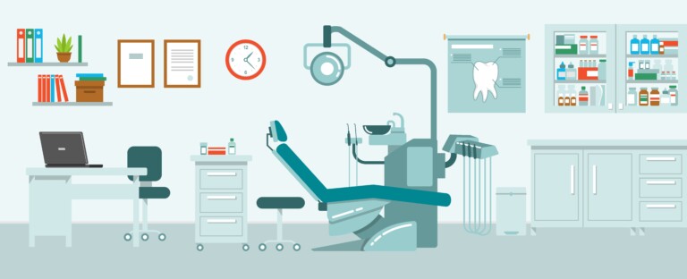 An artist's rendering of a dental practice. On the left is a desk and computer, in the middle is a dental chair with examination equipment, and on the right is a workstation and cabinet full of bottles.