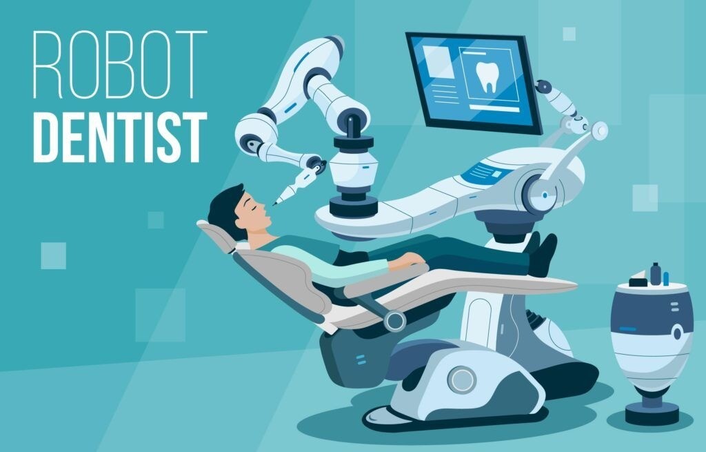 An illustration of a patient sitting in a dental chair with their eyes closed and mouth open before a robotic dental arm attached to a computer.