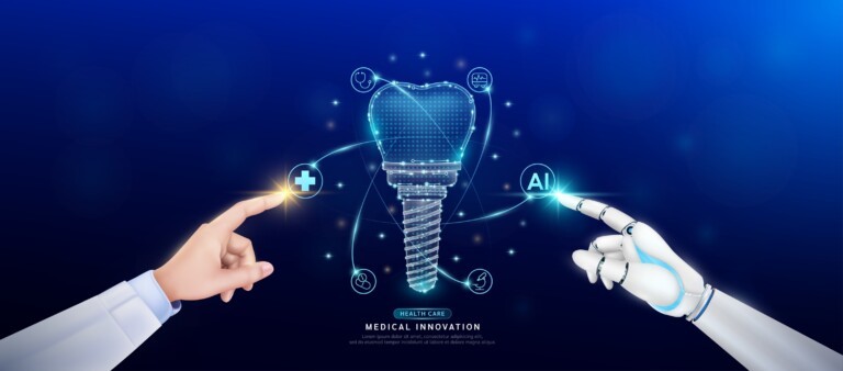 An illustration of a human hand and a robot hand are both reaching toward a digital projection of a tooth implant with the word "AI" in a small floating bubble.