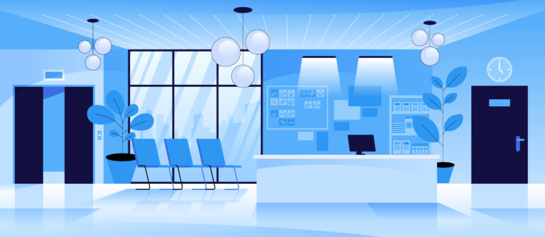 A drawing of a blue waiting room. On the left, three chairs sit in front of a floor to ceiling window. On the right is a reception desk next to an entry door.